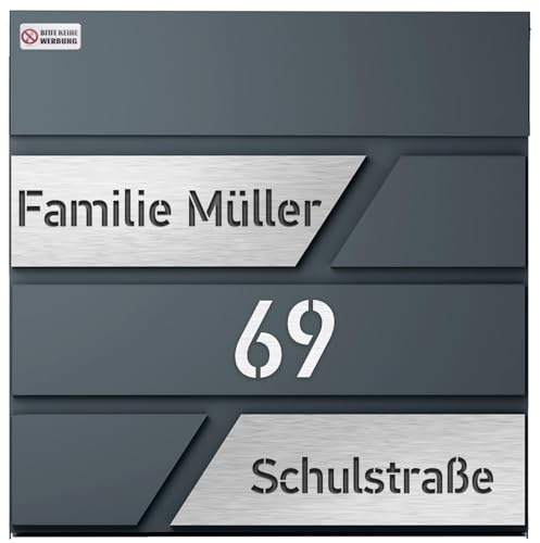 Design Briefkasten 37x37x10.5 cm personalisiert mit Name & Hausnummer, Zeitungsfach, Anthrazit, verzinkter Stahl, Bitte Keine Werbung Aufkleber DIN EN 13724