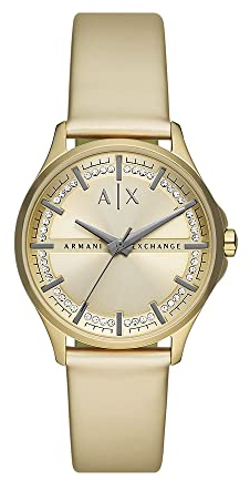 Armani Exchange Uhr für Damen , QuarzDreizeigerwerk, 36MM GoldEdelstahlgehäuse mit einem PolyurethanArmband, AX5271