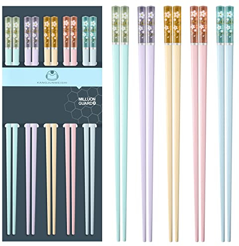 PYBBO Chopsticks Reusable Dishwasher Safe, 9.63 inch/24.3cm Fiberglass Non-Slip Chop Sticks, Chinese/Japanese Chop Sticks for beginners, Sakura Chopsticks Colorful- 5 Pairs, 9.6 inch