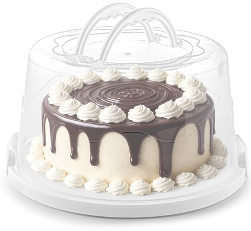 EXTRA LARGE & EXTRA STURDY Cake Carrier, Cake Stand with Lid and Foldable Handles - Multifunctional Serving Platter and Cake Plate - Cake Container with Dome and Strong Snaps 13 x 13 x 7 inch (White)