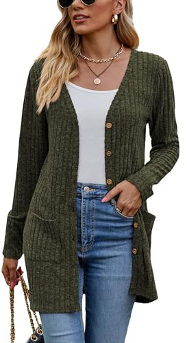 Famulily Women's Cardigans Long Sleeve Open Front Button Down V Neck Oversized Loose Fitted Swearter Coat (L, Army Green)
