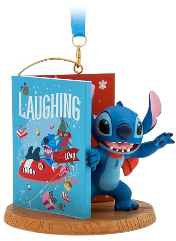 DISNEY STORE Official Stitch Festive Book Ornament, Lilo & Stitch, 10cm/3'', Holiday Seasonal Decoration with Ribbon Hanging Loop