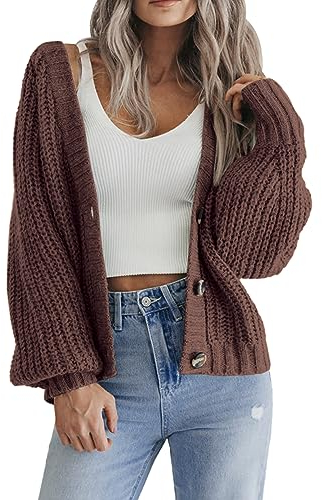 Hotouch Strickjacke Damen V-Ausschnitt Knopfleiste Strick Cardigan Kurz Einfarbig Langarm Gestrickte Jacke Frühling Herbst Pullover Braun M