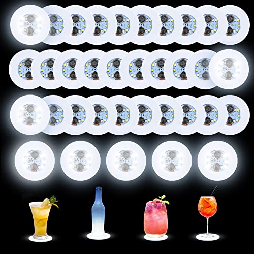 Gotrain Lot de 35 dessous de verre LED autocollants blancs super lumineux avec 6 perles lumineuses pour bar, bière, boissons, décoration d'anniversaire (35)