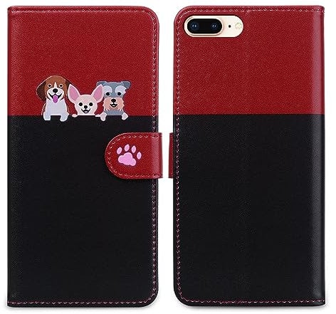 Nbziyoo Phone Case for iPhone 7 Plus/8 Plus,Cartoon Cats/Dogs Patterns Flip Wallet Case with Card Slots, Premium Magnetic PU Leather Cover Case for iPhone 7 Plus/8 Plus, Black