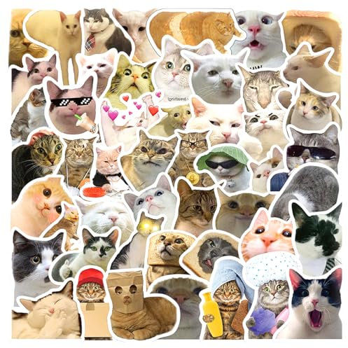 GLADFRESIT Funny Cat Stickers Set - 50Meme Stickers, Waterproof Vinyl Cat Decals for Water Bottle, Phone Case, Scrapbook & Laptop