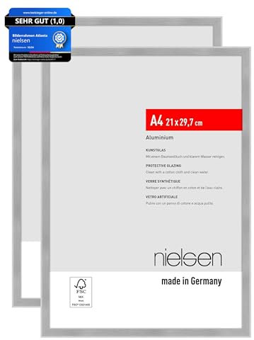 nielsen Bilderrahmen, 21 x 29,7 cm (A4) (2er Set), Aluminium, Silber matt, Dokumentenrahmen zum Aufhängen im Hoch- & Querformat, bruchsicheres Kunstglas, Atlanta