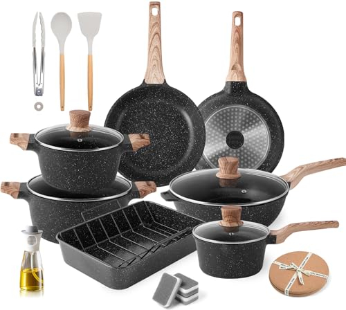 RIOVARM Inducción Juego de ollas y sartenes con Tapas Granito Antiadherente antiadherente de granito con asadera Mármol Piedra Juego de utensilios de cocina Sartén Olla Sartén Sartén Espátulas