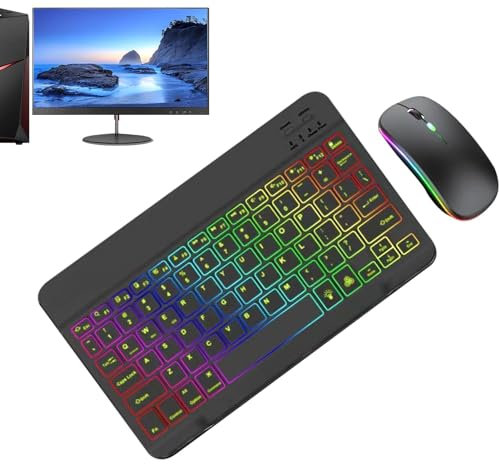 Acunny Tastiera e mouse wireless, tastiera e mouse wireless retro- Tastiera con 2 modalità di illuminazione e set di mouse a 7 colori - Tastiere sottili per computer portatili per scuola, ufficio,