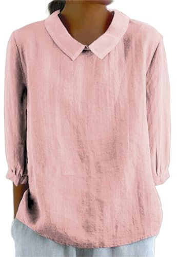 shownicer Camicia in Lino Cotone Donna Girocollo Oversize Manica 3/4 Bluse e Camicie Tunica Tinta Unita Estive Blouse Canotta Elegante Blusa Top Classico Maglietta A Rosa XL