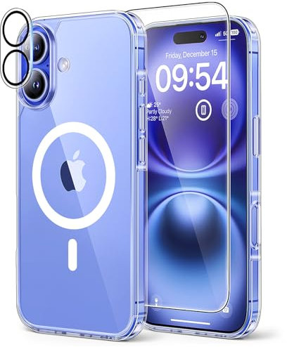TAURI Magnetic for iPhone 16 Plus Case with HD Screen Protector, [Not-Yellowing][Compatible with MagSafe] Shockproof Phone Case for iPhone 16 Plus 6.7 Inch - Magnetic Clear