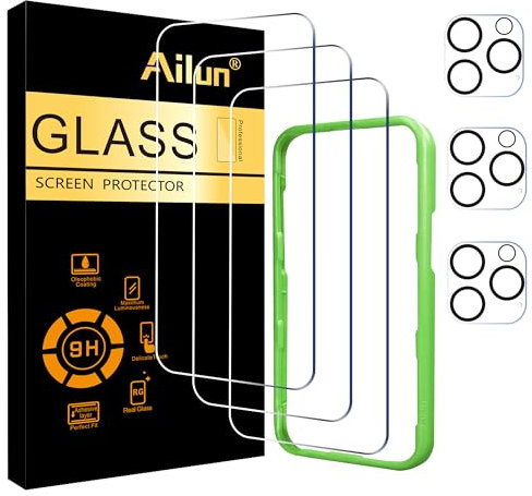 Ailun 3 Pack Screen Protector for iPhone 16 Pro [6.3 inch] + 3 Pack Camera Lens Protector with Installation Frame,Case Friendly Tempered Glass Film,[9H Hardness] - HD [6 Pack]
