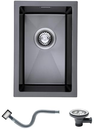 KINKIBOS Spülbecken 304 Edelstahl 30 x 45 cm, Spüle Edelstahl Klein, Edelstahlspüle Schwarz Grau mit Überlauf (Ohne Hahnloch), Küchenspüle 1 Becken Rechteckig, Küche Spüle für 35 cm Unterschrank