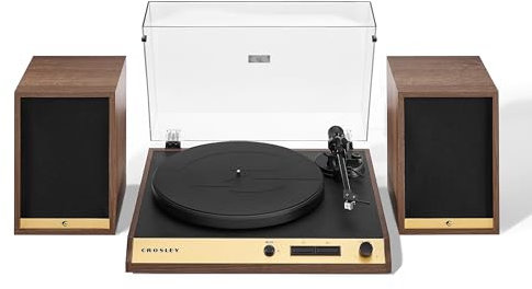 Crosley C72 Record Player with Speakers - Bluetooth Turntable with 60W Bookshelf Speakers, Easy Set Up Vinyl Player with Dust Cover, Record Player Shelf System, Audio-Technica Cartridge, Walnut