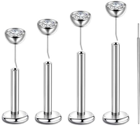 4 Stück Labret Piercing Set 16g (1.2mm) – G23 Titan Pin mit 3mm Zirkonia – 6mm, 8mm, 10mm, 12mm Stablängen für Helix, Cartilage, Monroe, Lippenpiercing – Push-In ohne Gewinde, inkl. Einführhilfe