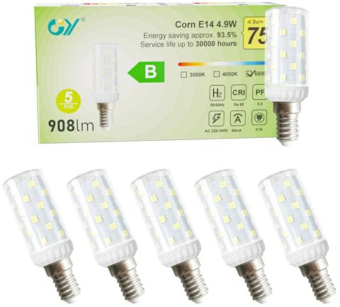 GY Kühlschranklampe E14 LED Kaltweiss Birne, 6500K LED Lampe, 4,9W Glühbirne E14 ersetzt 75W Halogenlampen, 908LM, Kein Flackern Maiskolben Lampen Nicht Dimmbar, 5 stück