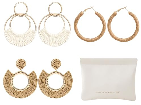 CRFASIBE 3 Pairs Boho Raffia Rattan Hoop Earrings Set for Women