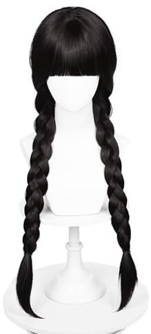 NiceLisa Wednesday Mittwoch Lange Schwarze Perücke Zöpfe Mädchen Witch Rollenspiel Karneval Cosplay Perücke Perücke