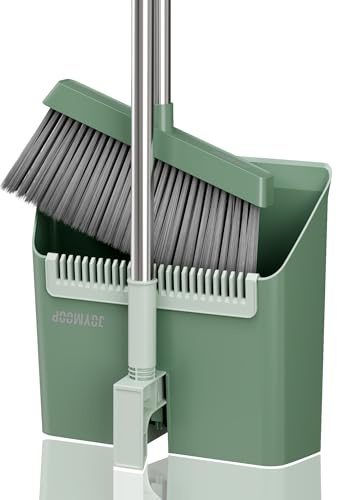 JOYMOOP Set Scopa e Paletta, Paletta e Spazzola con Manico Lungo, Scopa Senza Bisogno di piegarsi per Uso Interno ed Esterno, Verde Ardesia e Verde Chiaro