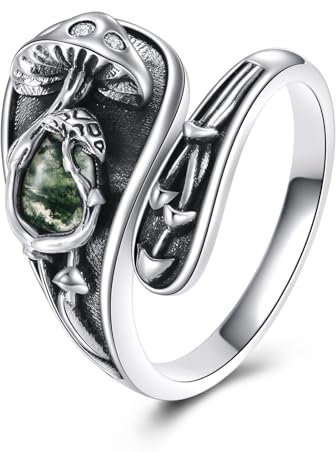 YAFEINI Moss Agate Spoon Ring 925 Sterling Silver Mushroom Adjustable Ring Mushroom Jewellery for Women Mom