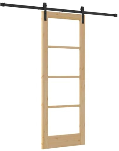vidaXL Schiebetür ORKDAL Natürlich und Schwarz 73,5 x 198,5 cm, Wohnzimmer, moderne Schiebetür, robuste Kiefer, Glas, stylischer Raumteiler, platzsparendes Design