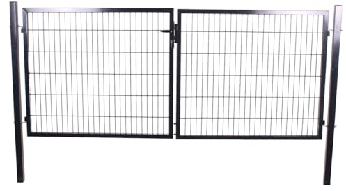 Galaflor - Doppelflügeltor Anthrazit 300x80cm Hoftor Einstabmatte RAL 7016 | Zweiflügeliges Gittertor für Stabmattenzaun - Komplettset mit Pfosten, Schloss, Bodenriegel - Verzinkt & Pulverbeschichtet