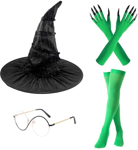 TYXHXTF Hexe Kostüm Zubehör Elphaba Brille Grün Handschuhe Strümpfe für Halloween Cosplay Erwachsene