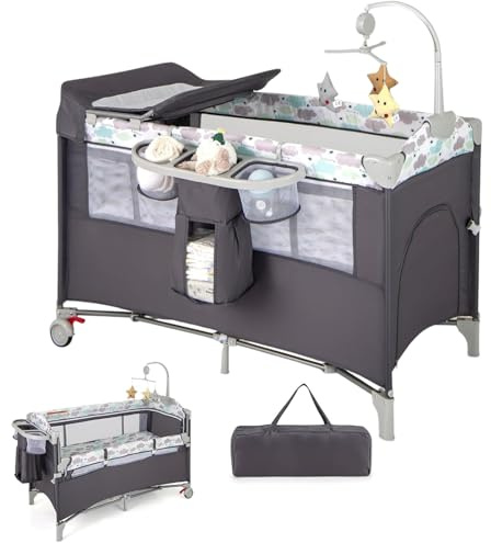 Maxmass 5 in 1 Baby Travel Cot, Foldable Infant Crib with Lockable Wheels, Bassinet, Mattress, Storage Rack, Music Box, Hanging Toys and Carry Bag, Newborn Activity Center for 0-36 Months (Drak Gray)