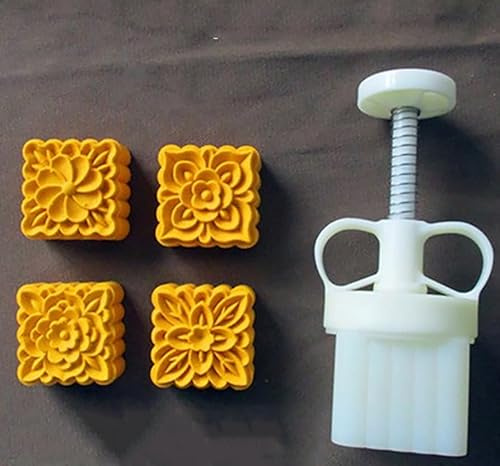 Mooncake Mold Adjustable Thickness Mooncake Mould Set with 4 Or 6 Stamps, Round Square, White, 63g(E)