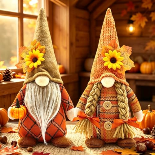 Herbstdeko Wichtel, 2 Stück Herbst Dekoration Wichtel Figuren, Herbst Deko Wichtel Puppen mit Sonnenblume, Herbstdeko Innen Wichtel Figuren Handgefertigt für Thanksgiving und Herbst Dekoration (B)