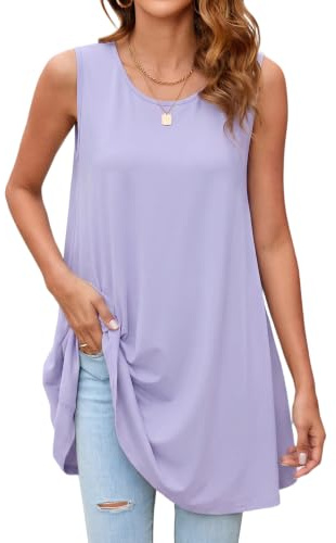 Enmain Débardeurs Femme Long Lavande Tunique sans Manche Femme Grande Taille Longue Haut Top Été Fluide Ample Chic et Élégant Blouse Violet Clair 3XL
