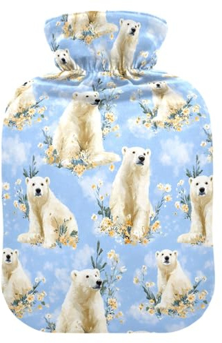 Cute Polar Bear Blue Hot-Water Bottle with Soft Cover, 1L Hot Water Bag for Neck and Shoulder Pain Relief