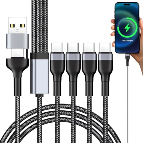 1 PCS USB C Splitter Multi Charger Cable,USB A/C to USB C 3.1A Fast Charging,Nylon Braided,4 in 2 Multi Charger Cord with 4 Type-C Connectors Compatible for Sam-sung iPhone 15 16 MacBook Huawei