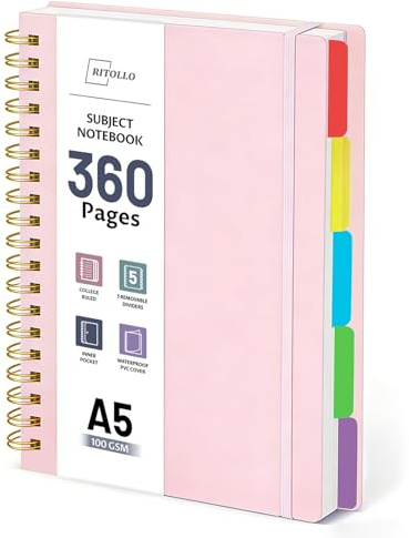 RITOLLO 360 Seiten A5 Spiralnotizbuch mit 5 Fächern, liniert im College-Stil, 100 GSM dickes Papier, großes Notizbuch mit herausnehmbaren Trennblättern für Schule, Büro, Studium und Arbeiten (Rosa)