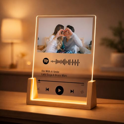 DEREGALOOS Lámpara Personalizada Spotify con Foto y Canción. Placa de Metacrilato con Base de Madera LED. Regalo de San Valentín y Aniversario. Decoración con Código Escaneable Spotify