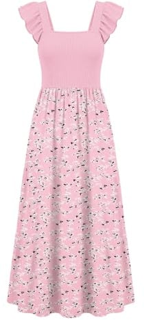 AUSELILY Women Summer Maxi Dress Square Neck Ruffle Sleeveless with Pockets | Casual Beach Maxi Dress,Elegant Flow‑Vacation Sundress,Breathable and Soft Fabric,Multiple Printed Patterns Available