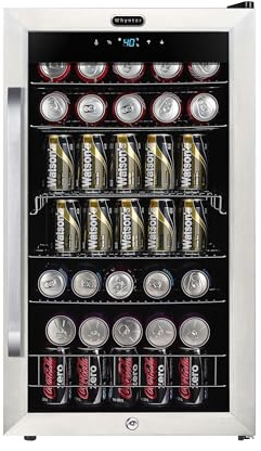 Whynter Beverage Refrigerator with Double-Layer Glass Door, 136-Can 3.4 Cu. Ft. Drink Mini Fridge with Lock & Digital Control, BR-1211DS, Stainless Steel