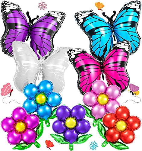 Schmetterling Blumen Ballons, 9 Stück, riesige bunte Schmetterling Ballons und Blumenförmige Folienballons, Mylar Blumenballons für Schmetterling Themenparty, Babyparty