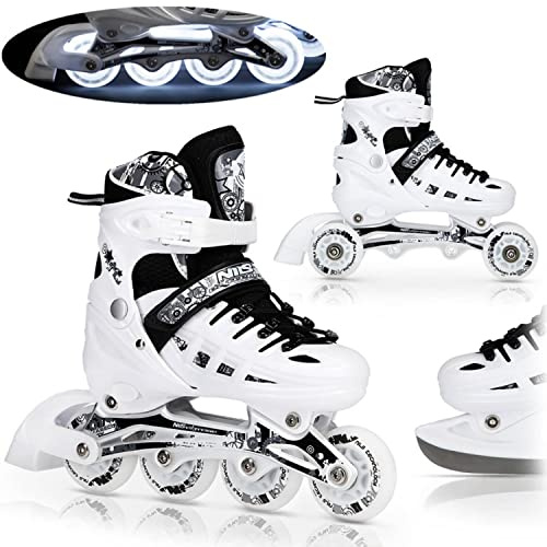 Nils Extreme Inline Skates 4in1 - Schlittschuhe Kinder - Inliner für Kinder und Erwachsene - ACEB7-Lager - Eislaufschuhe Kinder Verstellbare - Weiß - Größe L (39-42)