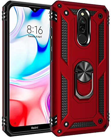 BestST Hülle für Xiaomi Redmi 8A/Redmi 8 Hülle für Xiaomi Redmi 8A/Redmi 8 Schutzhülle + Displayschutz 360 Grad Drehbar Ringhalter mit Magnetischer Handyhalter Auto Handy hülle, Rot
