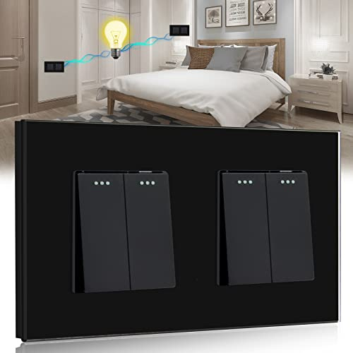 BSEED Interrupteur Mural,2 Gang 2 Voies+2 Gang 2 Voies Noir 157 * 86mm,Interrupteur Double va et Vient Encastrable avec Cristal Cadre en Verre