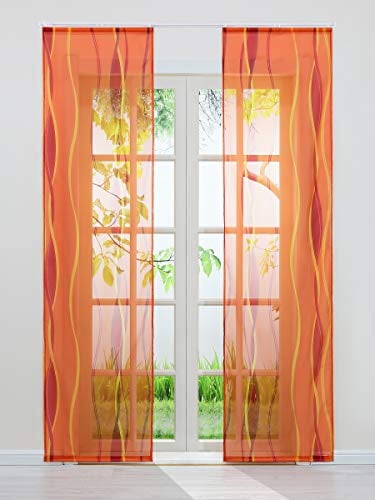 Delien Voile Vorhang Schiebegardinen mit Wellen Druck Flächenvorhänge Transparenter Gardine mit Klettband Wohnzimmer Fensterschals (2 Stück, je H/B: 225/57 cm),Orange