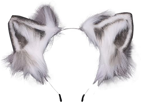 VIGVAN Kawaii Fuchs Katzen Ohren Haarband Haarnadel Katzen Cosplay (Grau Weiß Haarband)