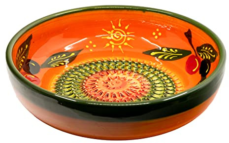 Kaladia - Reibeschüssel/Keramikhobel - ideal zum Gewürze reiben und Servieren von Gerichten - Motiv: Sonne und Oliven - Durchmesser: 19 cm - handgemacht & handbemalt - Made in Spain