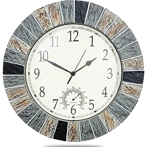 eYotto 33 cm große Uhr für den Innen- und Außenbereich, wasserdichte Wanduhr mit Thermometer, wetterfeste, Nicht tickende batteriebetriebene Uhr für Terrasse, Pool, Lanai, Zaun, Veranda