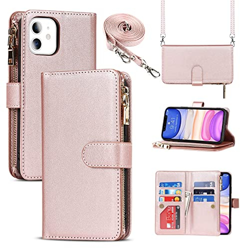 Cavor Crossbody iPhone 11 Case With Card Holder With Strap,Flip Leather Wallet Case,[9 Card Holder] Zipper Detachable Lanyard Phone Case Cover for Women for iPhone 11 - Rose Gold