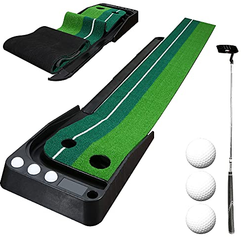 Faziango Golf Puttingmatte,Auto Rückkehr Golfmatte,mit Golf Putter,3 Golfbälle,Kunstrasen Golf Putting Matte, für Zuhause Büro Gym,tragbare Übungsmatte für Anfänger und Profis