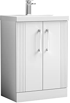 nuie DPF125A Deco Modern Bathroom Floor Standing 2 Door Part Fluted Vanity Basin Unit with Mid-Edge Ceramic Basin, 600mm, Satin White