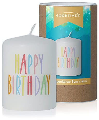 Goodtimes Stumpenkerze Weiß, Text Bunt Happy Birthday
