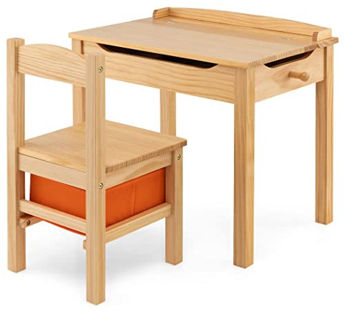 COSTWAY Kids Table and Chair Set, 2PCS Children Study Desk with Chair, Storage Box, Hidden Space & Hook, Wooden Flip Top Toddler Activity Furniture for Writing, Reading, Drawing (Natural)